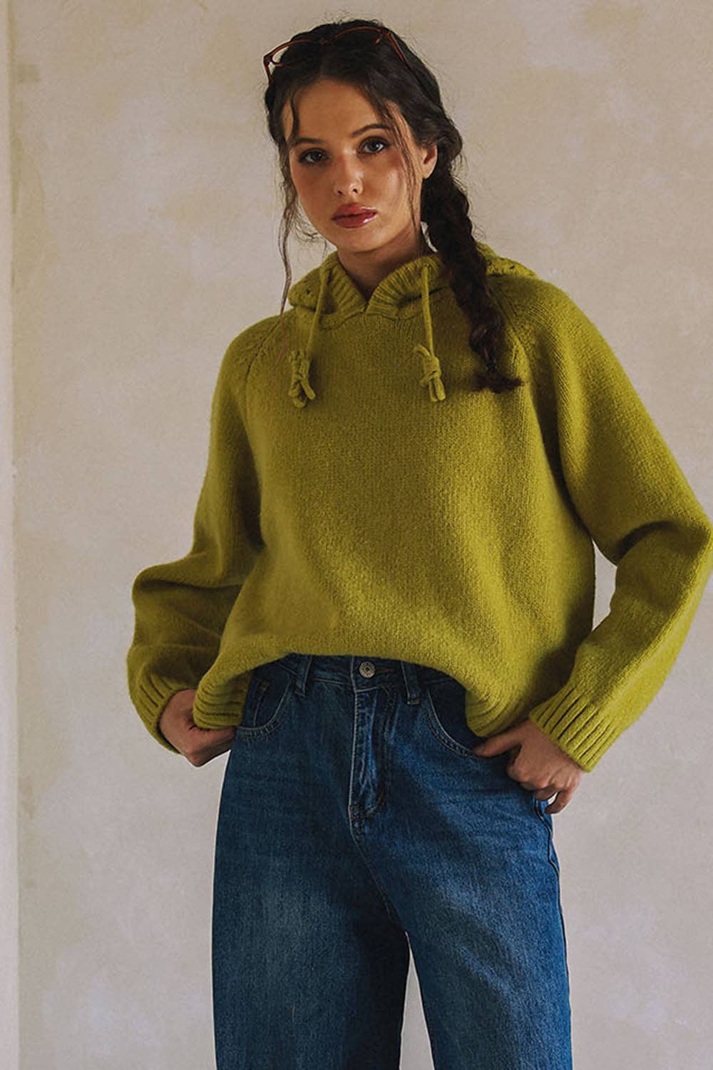 Mixed Knit Hooded Sweater – Olive