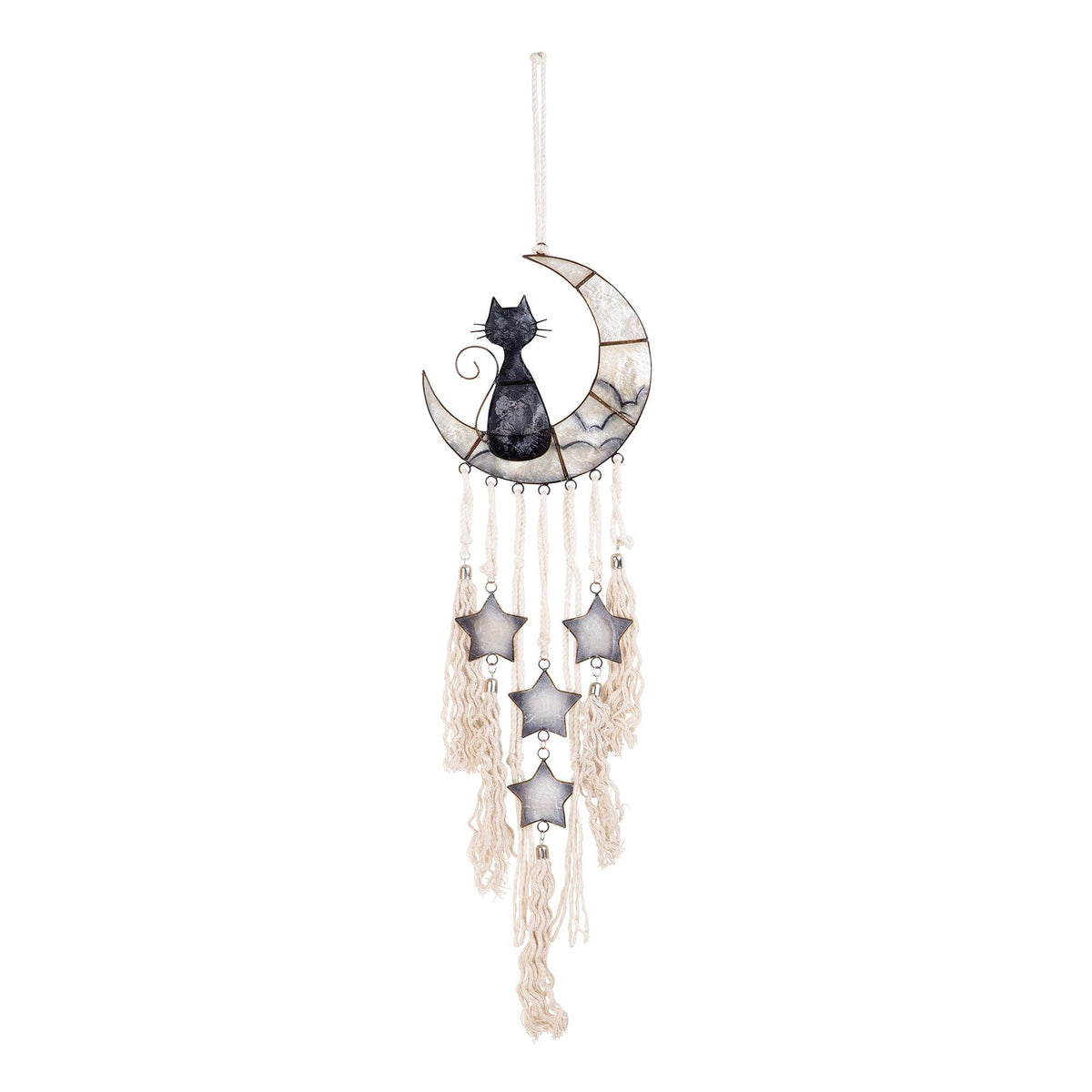 Macrame & Capiz Chime - Cat & White Moon