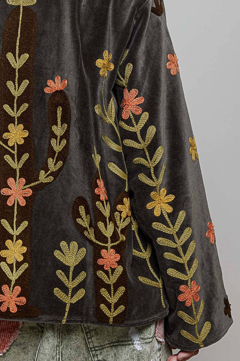 Floral Vine Embroidered Velvet Jacket – Charcoal