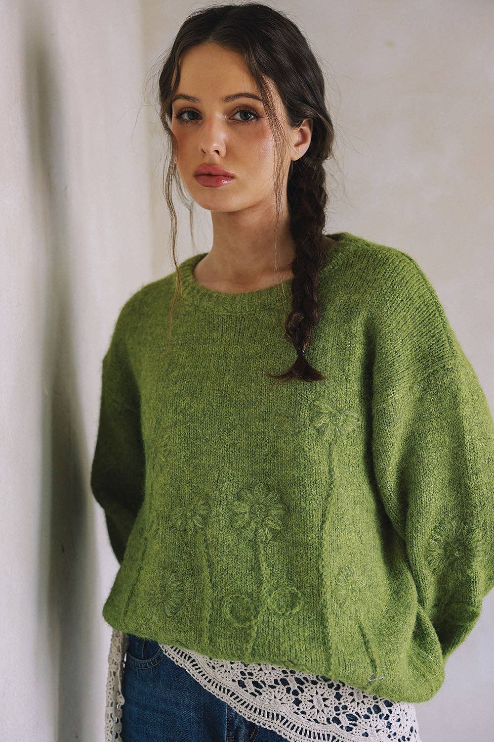 Olive Embroidered Floral Sweater