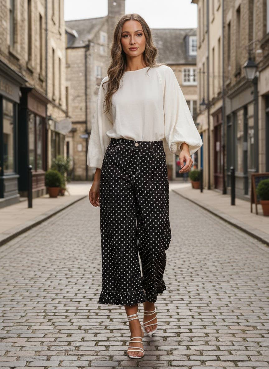 Polka Dot Casual Ruffle Hem Cropped Pants