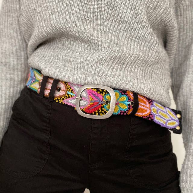 Folklorica Floral Embroidered Wool Belt - Black