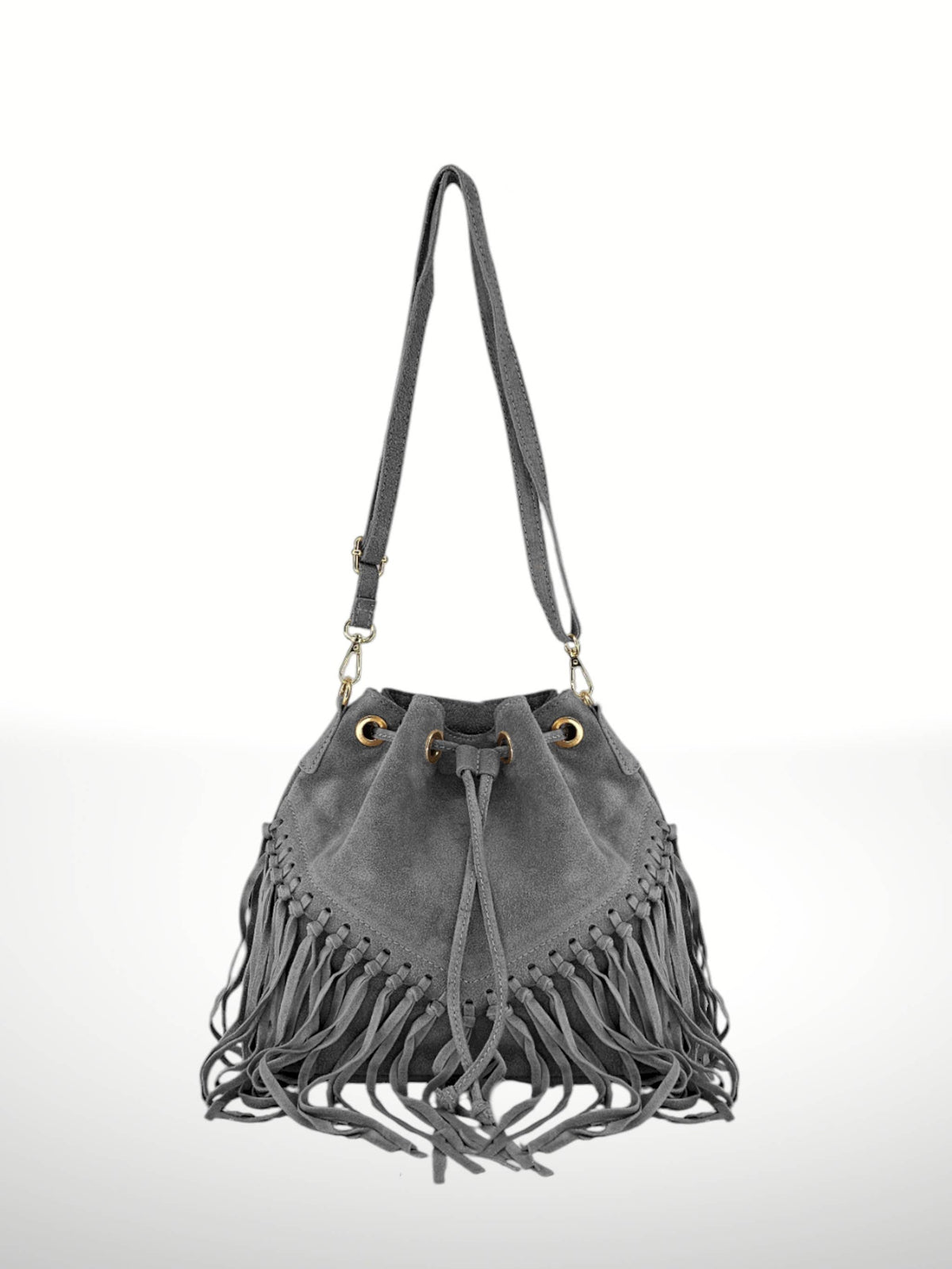 Emanuela Suede Leather Fringe Bag - Gray