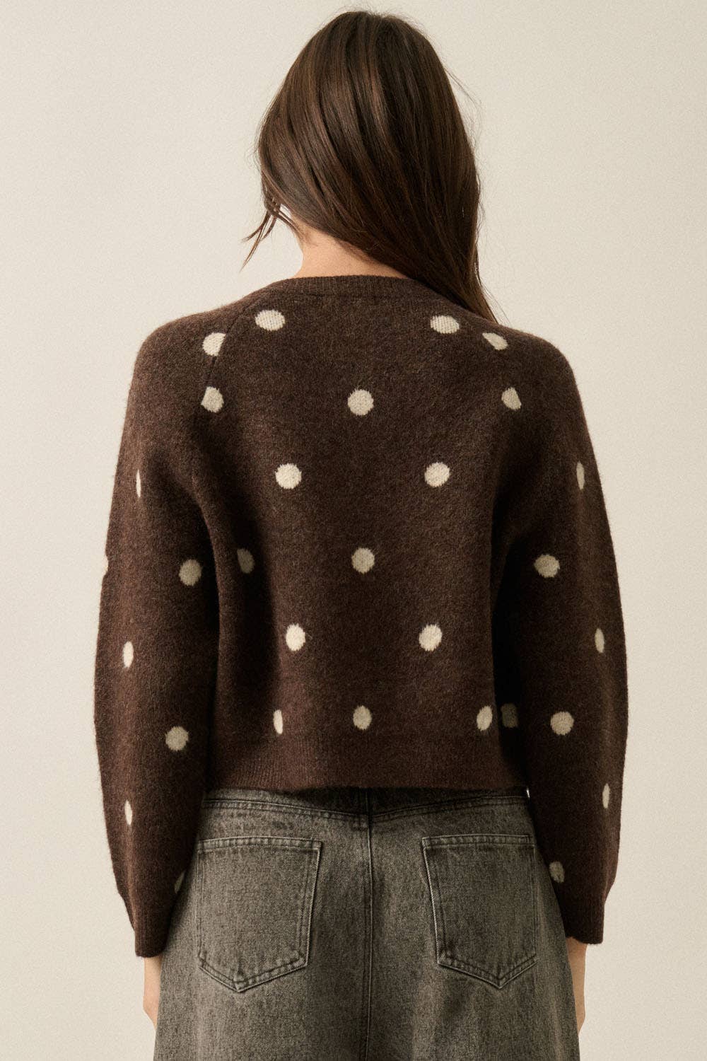 Polka Dot Jacquard-Knit Button-Up Crew-Neck Cropped Cardigan