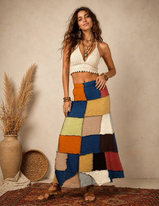 Bohemian Patchwork Colorblock Knit Maxi Skirt