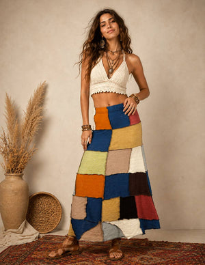 Bohemian Patchwork Colorblock Knit Maxi Skirt