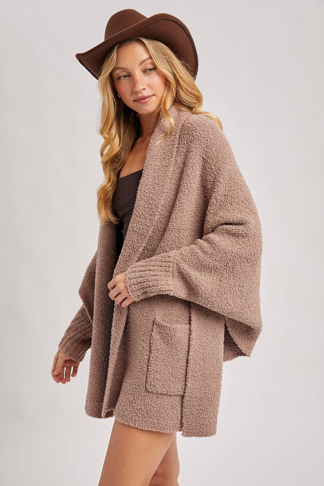 Open Front Blanket Wrap Boucle Knit Cardigan