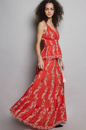 Embroidered Viscose Smocked Waistband Maxi Skirt