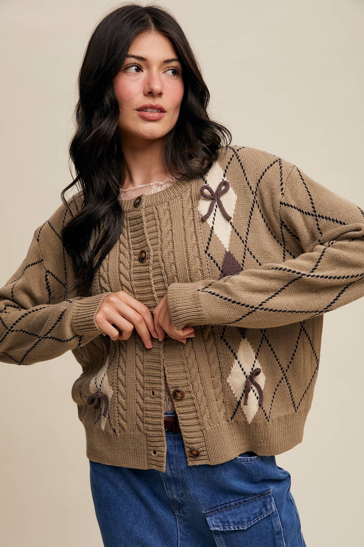 Argyle Bow Detail Knit Cardigan