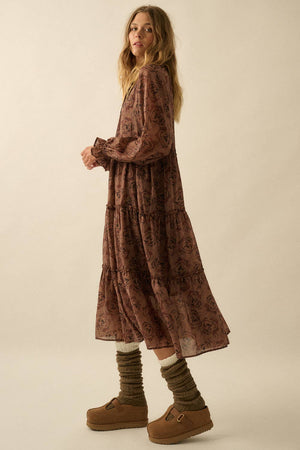 Floral Tiered Ruffle Bubble-Sleeve Midi Dress