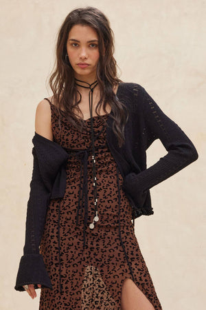 Pointelle Knit Trumpet-Sleeve Peplum Cardigan