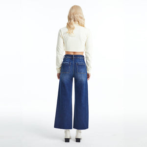 Vintage Retro High Rise Wide Leg Jeans with Raw Hem