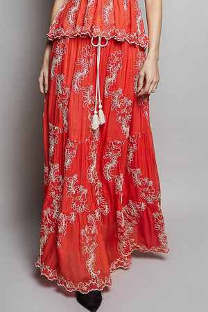 Embroidered Viscose Smocked Waistband Maxi Skirt