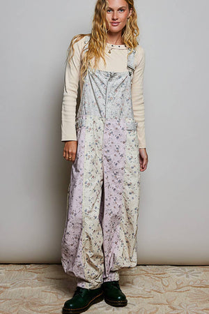 Boho Floral Lace-Trim Front-Zip Overalls