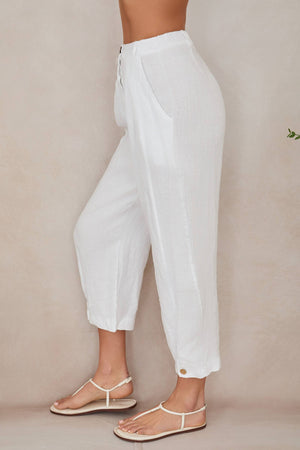 Linen Pants with Button Hem and Pocket Details