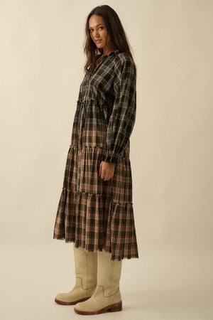 Ombre Plaid Flannel Tiered Ruffle Midi Dress