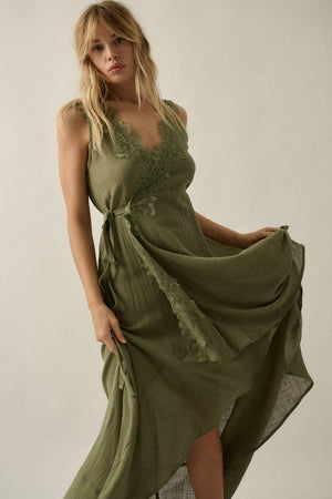 Lace-Trimmed Cotton Gauze Sleeveless Wrap Maxi Dress