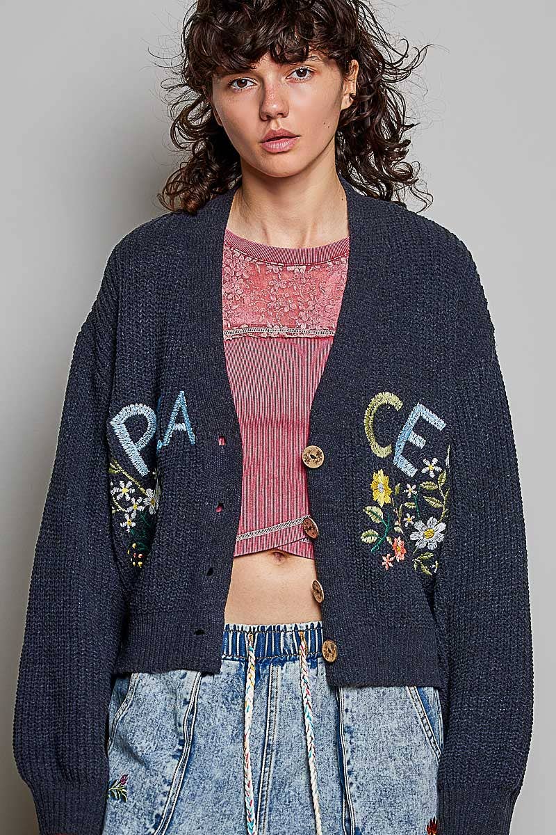 Embroidered Peace Knit Cardigan – Charcoal