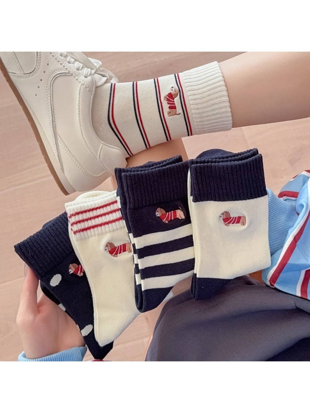 Rufia - Cartoon Dog Embroidered Striped Socks