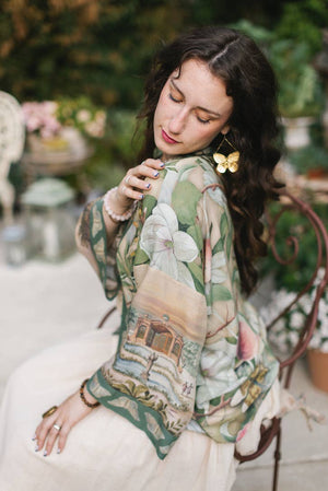Fleur De Soleil Pixie Crop Kimono w/ Florals & Butterfly