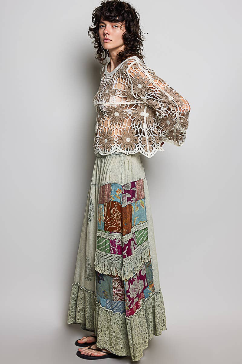 Print Patch Vintage Wash Ruffle Long Skirt