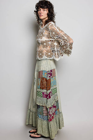 Print Patch Vintage Washing Ruffle Long Skirt