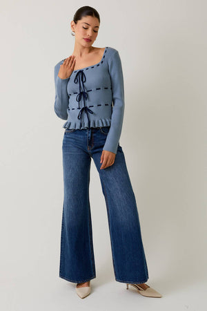 Blue Ribbed Bow Cardigan Sweater