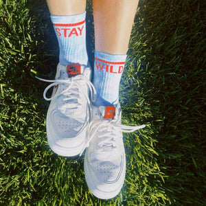 “Stay Wild” Crew Socks – Blue Tie Dye by Atticus Poetry