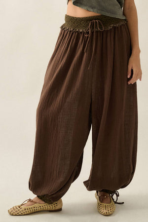 Cotton Gauze and Lace Drawstring Balloon Pants