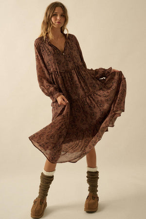 Floral Tiered Ruffle Bubble-Sleeve Midi Dress
