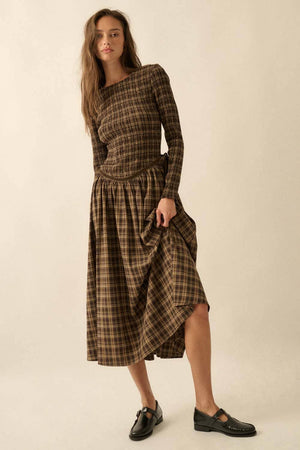Plaid Long-Sleeve Smocked Drop-Waist Midi Dress