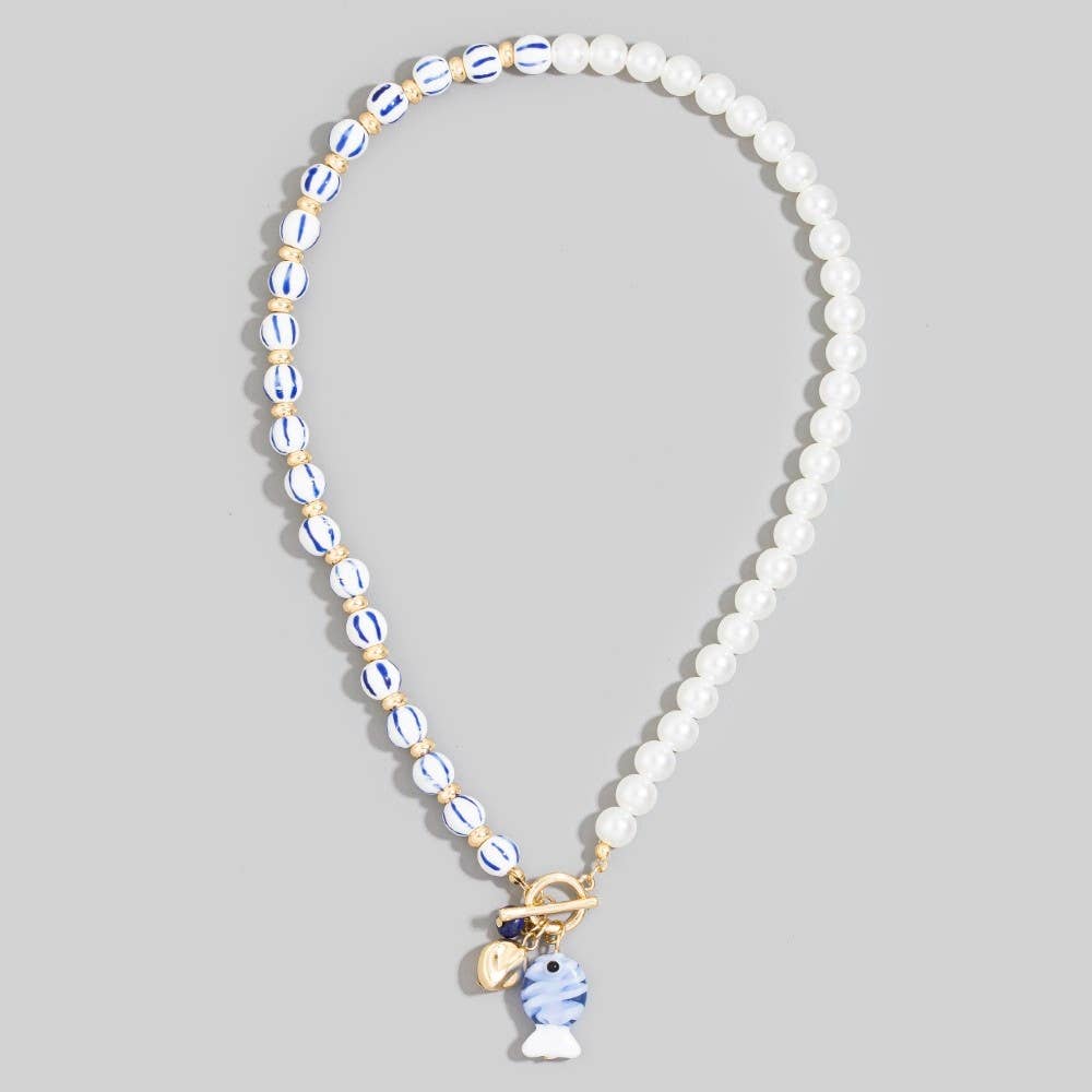 Blue Stripe Pearl Toggle Fish Pendant Necklace