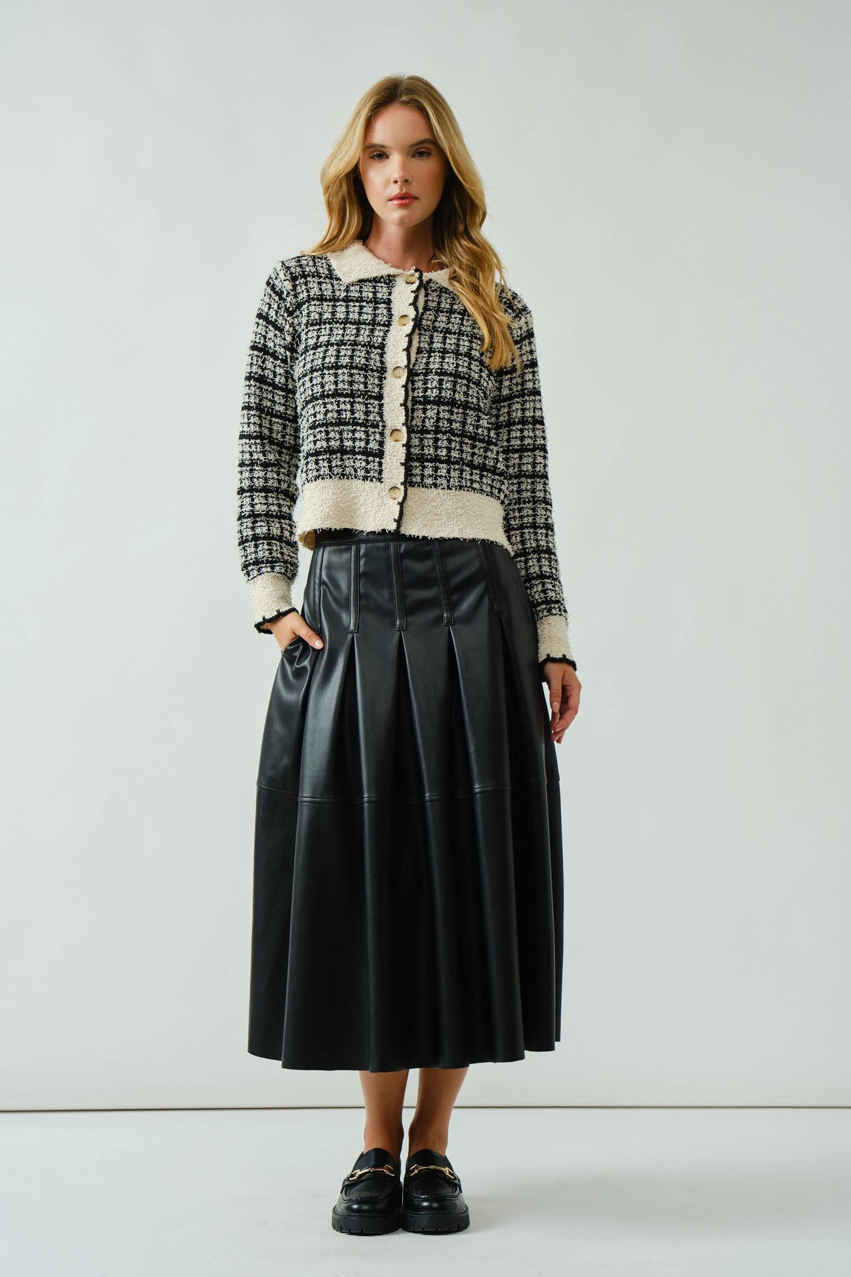 Tweed Style Button Down Cardigan With Scallop Detail