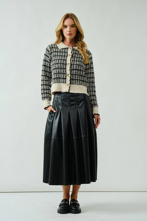 Tweed Style Button Down Cardigan With Scallop Detail