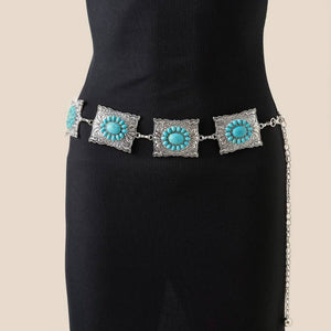 Ornate Western Turquoise Cluster Square Concho Chain Belt