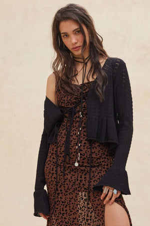 Pointelle Knit Trumpet-Sleeve Peplum Cardigan
