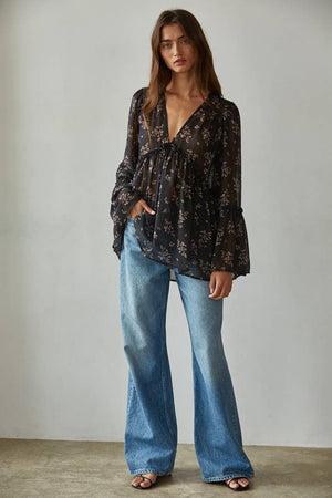Chiffon Sheer Floral Blouse - Black