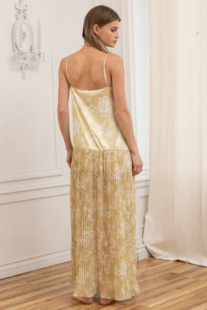 Satin Bodice Chiffon Pleated Midi Dress