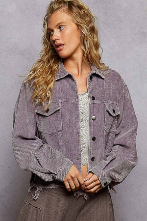 Pocket front button down distressed hem corduroy jacket