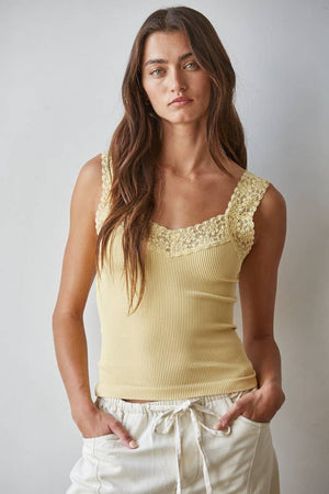 Knit Seamless Ribbed Tank Top with Lace Trim