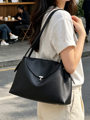 Top-Grain Leather Shoulder Tote Bag with Top Handles