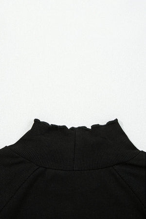 Ribbed Knit Lettuce Trim High Neck Long Sleeve Top