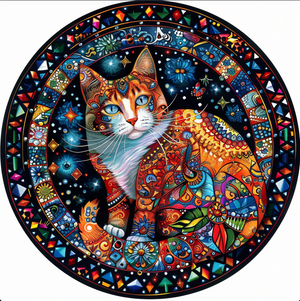 Mystical Cat Art Tambourine and Ribbon Wall Hanging