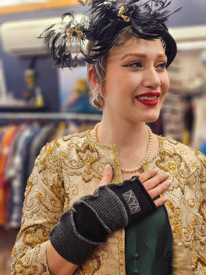 Upcycled Cashmere Fingerless Gloves, Black and Gray
