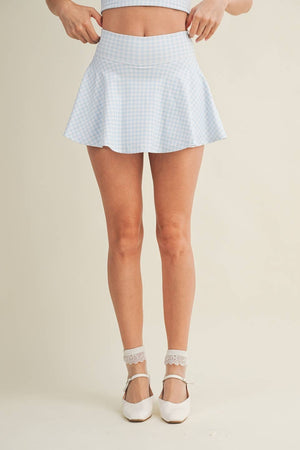 Gingham Print Mini Circle Skort with Bow Back and Lace Trim