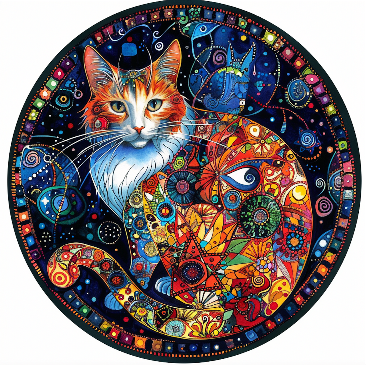 Mystical Cat Art Tambourine and Ribbon Wall Hanging