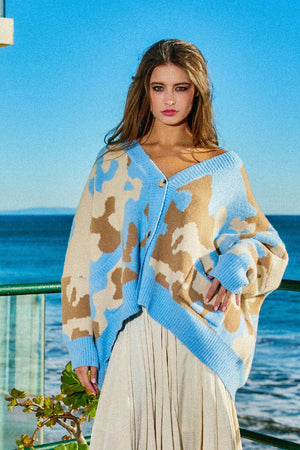 Sky Blue Camo Oversized Button-Front Cardigan
