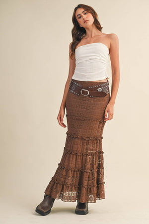 Lace Tiered Ruffle Trim Mermaid Midi Skirt - Black