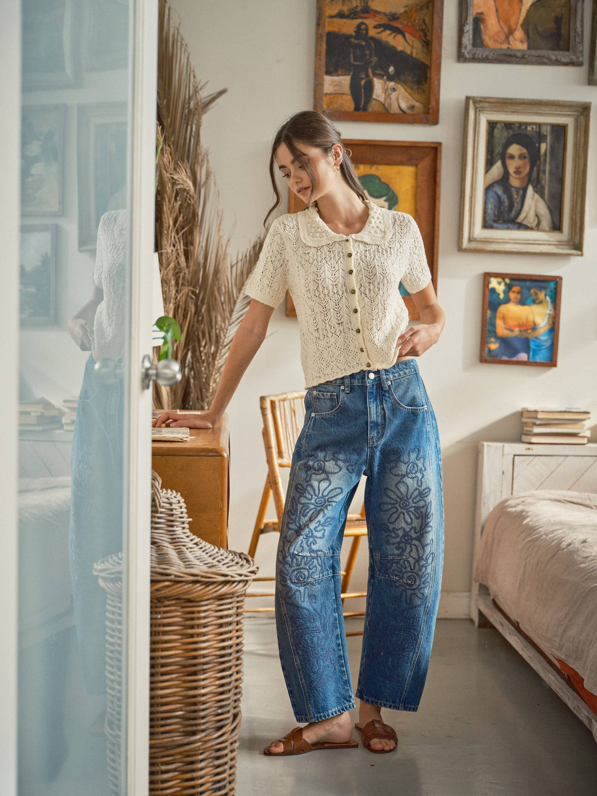 Embroidered Detail Cotton Barrel Pants
