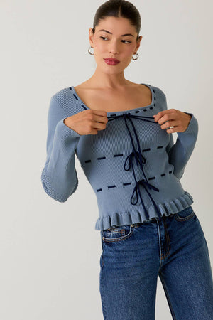 Blue Ribbed Bow Cardigan Sweater